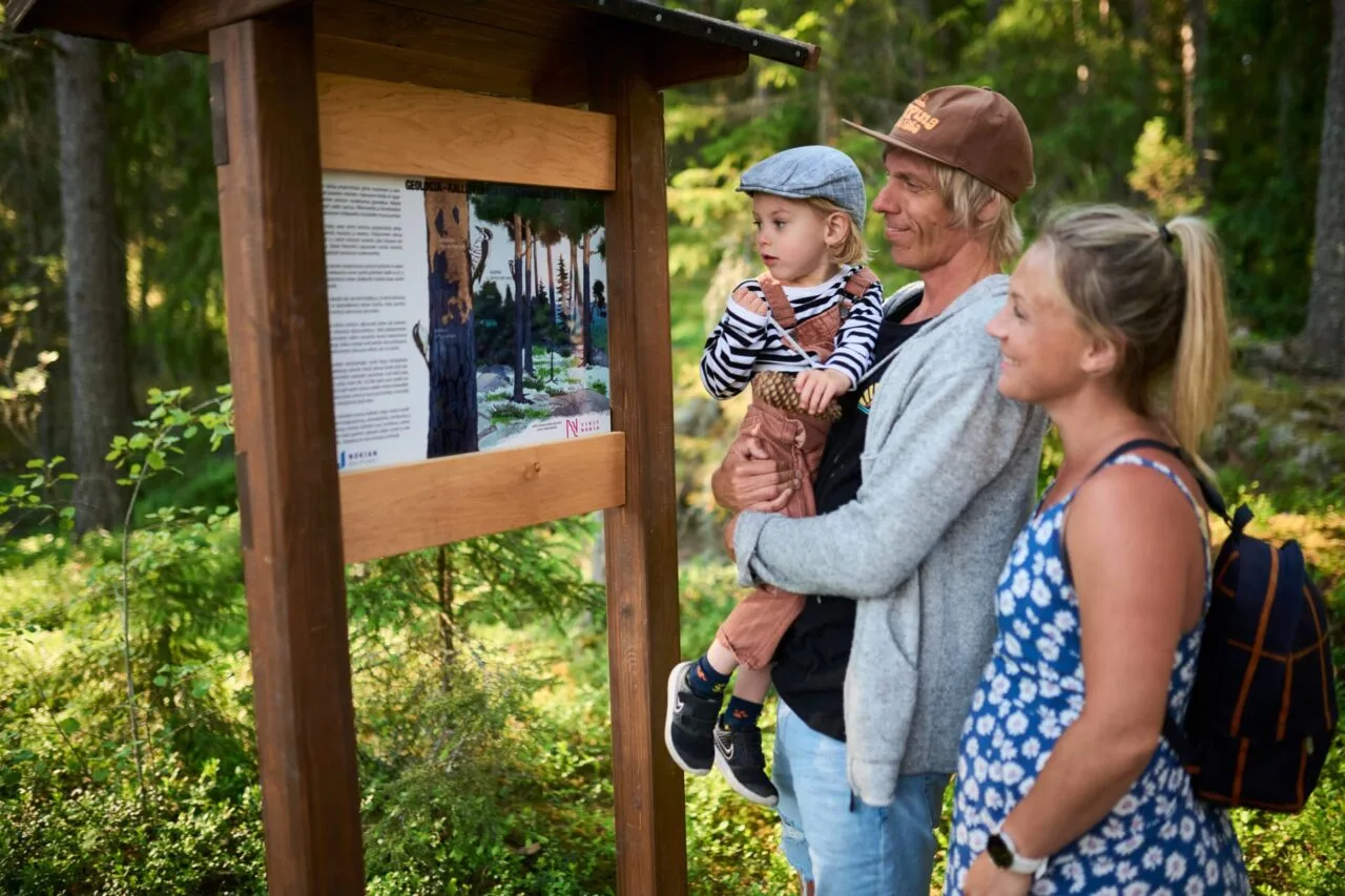 Isä, äiti ja pieni poika tutkivat luonto-opastaulua Hakavuoren luontopolulla.
